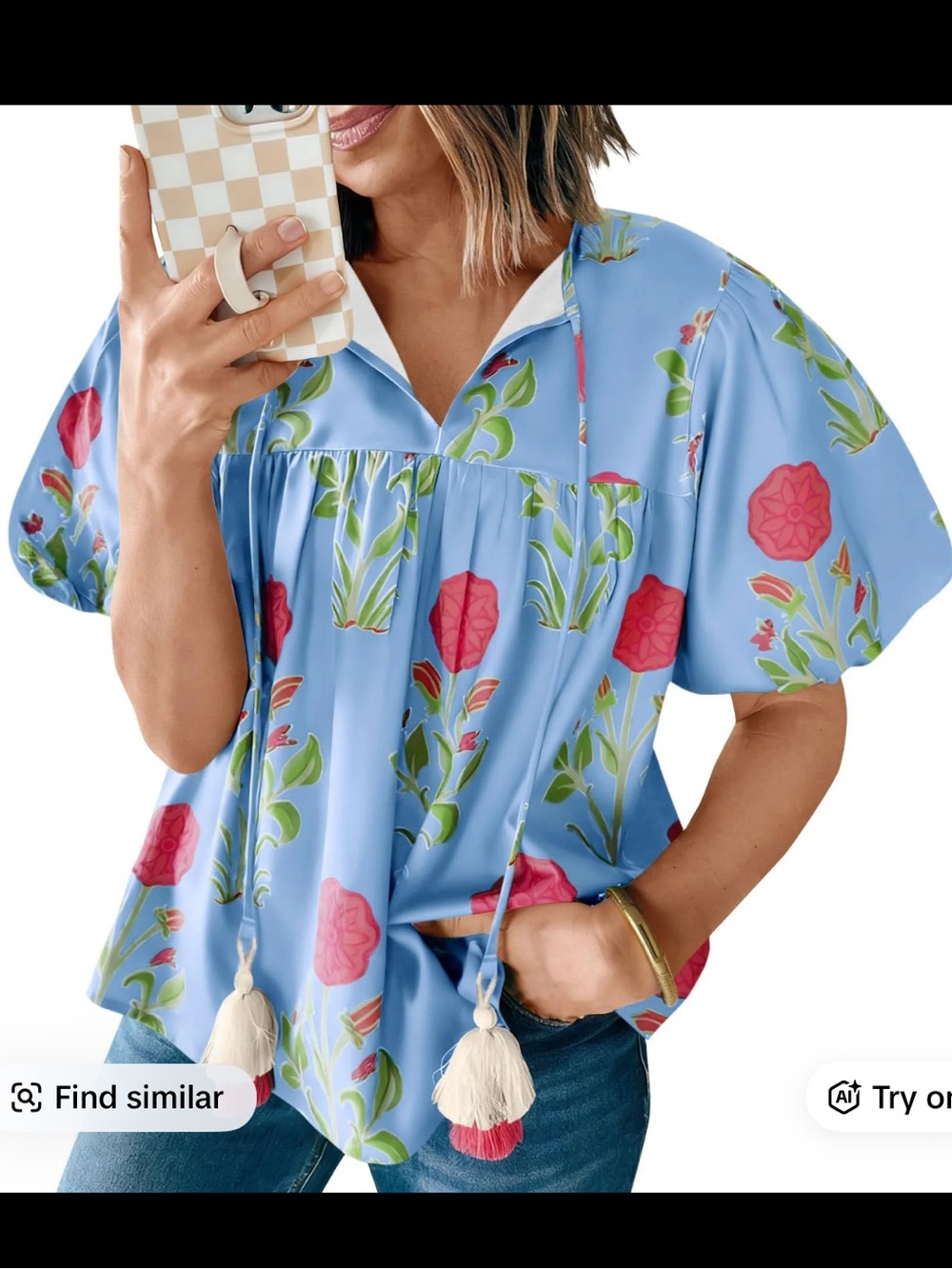 Cicy Bell Women’s Boho Floral Blouse Short Puff Sleeve V neck flowy tie front